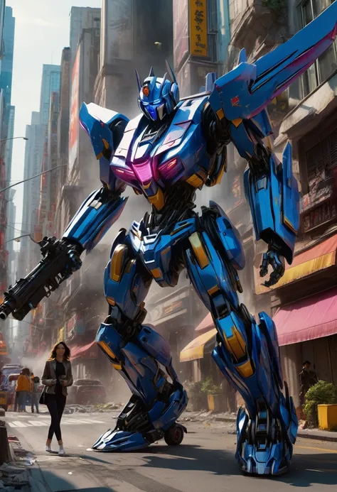 8k,4k,1 shot,(female robot),super realistis, extremely detail,super detail arche from transformers,arche,walking,chaos city,many broken car,use the gun,war,agains enemy