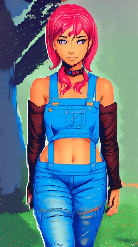 , sad, farm backround, Full body, looking at viewer, 1girl, solo, short pink hair, (dark blue choker), (dark blue denim overalls), (purple eyes), (pink boots), (white shoulder lantern sleeve blouse, tucked in pants