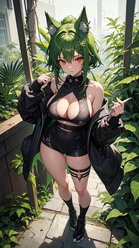   , Croped, , cleavage, slim waist, cropped hoodie underboob, cropped hoodieunderboobhoodie, 1girl, 2 wolf ears, wolf tail, marijuana crop hoodie, crop shorts, marijuana hoodie, spiky hair, spiky fur, green hair, red eyes,marijuana field, tight clothes, pe...