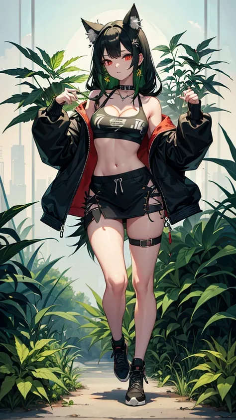   , Croped, , cleavage, slim waist, cropped hoodie underboob, cropped hoodieunderboobhoodie, 1girl, 2 wolf ears, wolf tail, marijuana crop hoodie, crop shorts, marijuana hoodie, spiky hair, spiky fur, green hair, red eyes,marijuana field, tight clothes, pe...