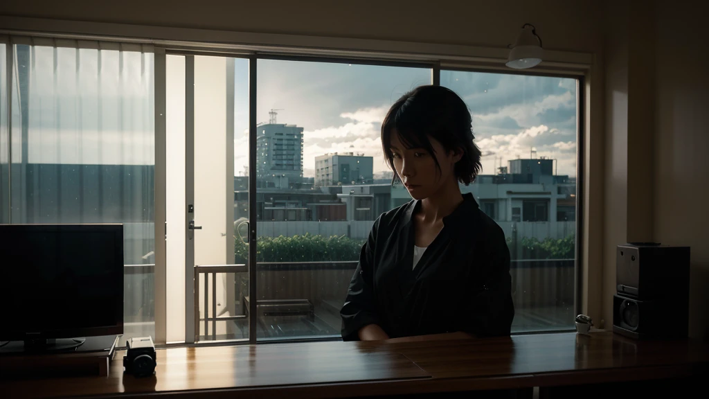 photography, style of Makoto Shinkai studio and Greg Rutkowski, dark black. broad horizon, rainy, Japan traditional flattop houses, silhouette, close-up of big panorama transparent wall, curtain, low bed, crowded workbench, PC, TV, desk lamp, bookshelf, mu...