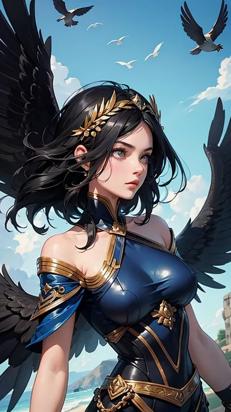 A beautiful black-haired woman transformed into the goddess of victory surrounded by birds