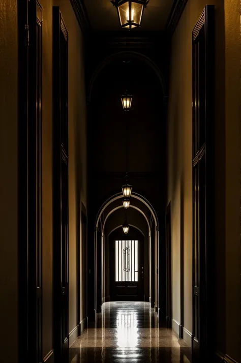 Dark hallway with 7 doors 