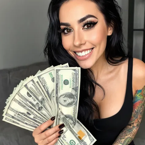 
bearded woman beautiful shaggy beard, black hair, brown eyes, eyeliner, proud smile, seductive look, hold a load of dollar bills