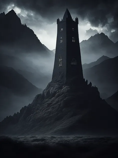 black tower, night, cloudy, mountains, dark fantasy