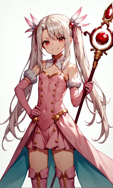 (score_9,score_8_up,score_7_up),(cowboy shot),looking at viewer,1girl,loli,illyasviel von einzbern,fate (series),white hair,red eyes,long hair,twin tails,hair ornament,feathers,pink dress,elbow gloves,magic girl,pink thigh Boots,standing,simple background,...