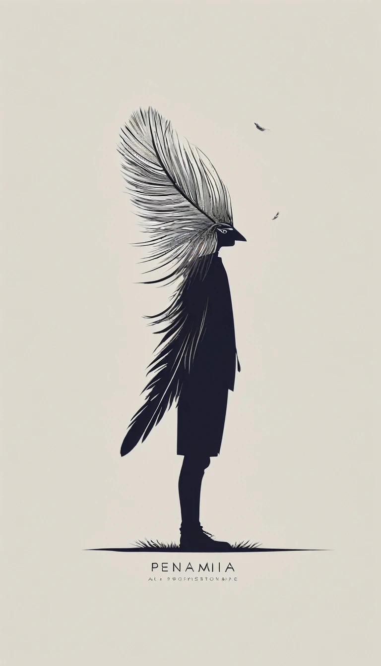 A minimal, modern, simple, cinematic logo design e of a boy with a head full of feathers for the brand “Penamemoria".