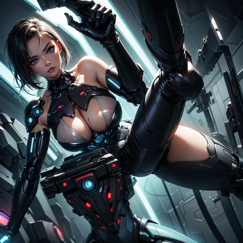 Busty woman, cyborg, android, sexy, topless, lingerie, scantily clad, translucent clothing,
