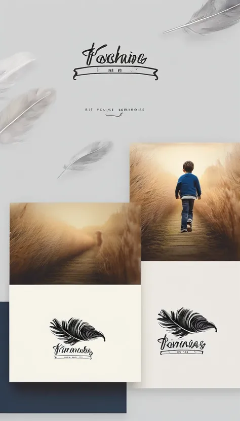 Create a minimalistic, simple, fantastic, easy to understand, logo design of a boy chasing memories with a feather.