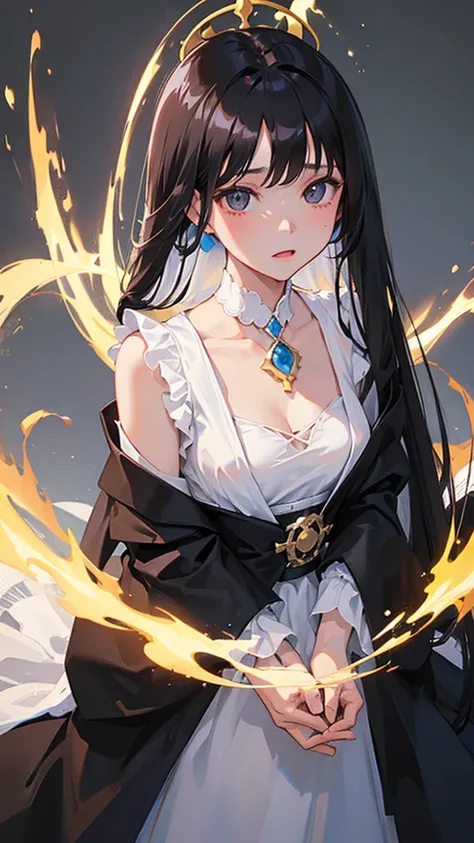 Black Hair Girl。Long Hair。Black eyes。Fleeting。Up to the chest。White dress。Background is solid color。Anime style illustrations。