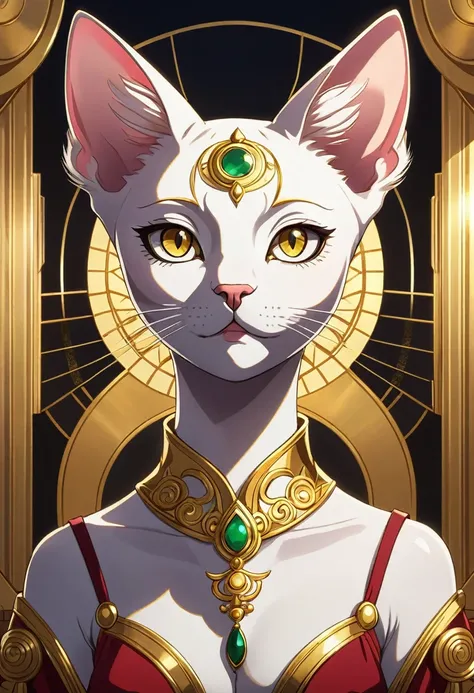 sphynx cat, gold and cosmo, isabelle, okumura masanobu, symmetrical eyes and face, elegant, anime, symmetrical build, character ...