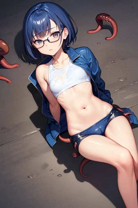 masterpiece, best quality,anime style, 1 girl,(((slender body))), (((small breast))),(((Jacket, Open your clothes, Open jacket, Blue jacket, ground vehicle, Sports Bra, bicycle,buruma,glasses))),(((((brown penis tentacles bound the girl))))), ((((restraine...