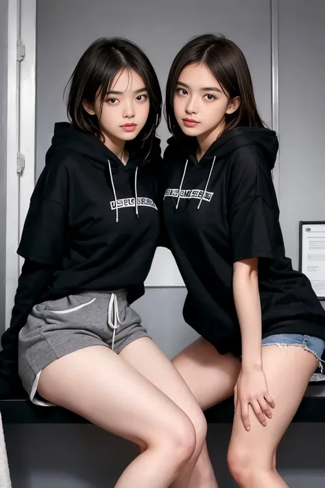 deux femmes ensemble de 18 ans sexy et mince , black short sleeve hoodie , salle de classe, se touche,position sey,sensuel