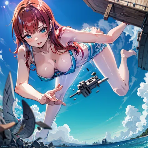 Giantess appears from underwater in front of a giant cruise ship, the cruise ship looks very small in front of her because it is giant, she is naked, she has red hair and white skin, she has small breasts but very sexy legs and her body is very curvy. Godd...