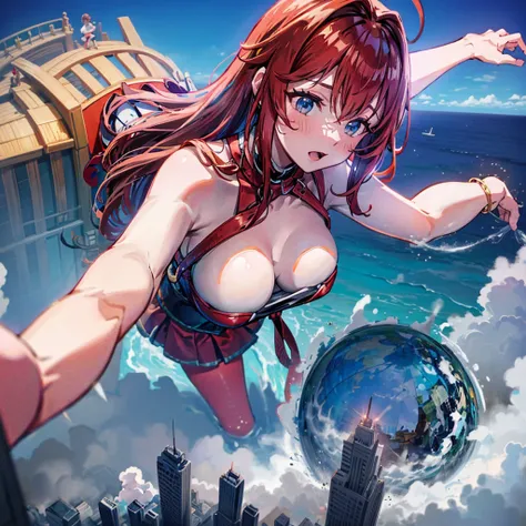 Giantess appears from underwater in front of a giant cruise ship, the cruise ship looks very small in front of her because it is giant, she is naked, she has red hair and white skin, she has small breasts but very sexy legs and her body is very curvy. Godd...