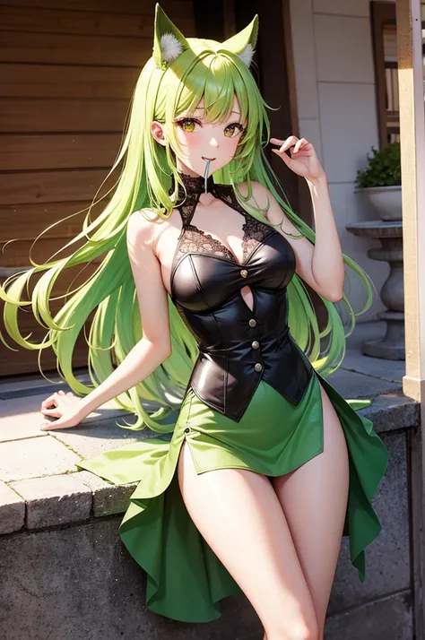 anime、最high quality, high quality, 8K、High resolution,Highest quality、solo、A calm and mature woman with long yellow-green hair and yellow eyes.、tall、Long limbs、The background of vibrant overseas markets、Thighs、Miniskirt、tall、Long limbs、solo、Laughing with m...