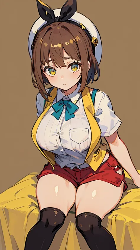 (Highest quality, 8K, masterpiece :1.3),Lizaリン・シュタウト(Lizaのアトリエ),Liza,Plump, One woman,Large Breasts,short hair,Brown Hair,hair band,Clothing,hat,White shirt,Yellow vest,Red shorts,