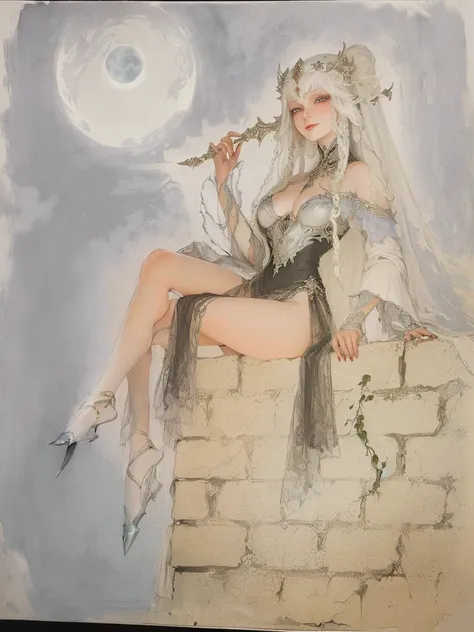 drawing of demon-humanoid sorceress with light red-skinned sitting with her legs crossed on a wall holding a rose whip over the back of her shoulder, with sinister eyes and smile, wearing a black and silver quipo slit, under the light of the full moon, sil...