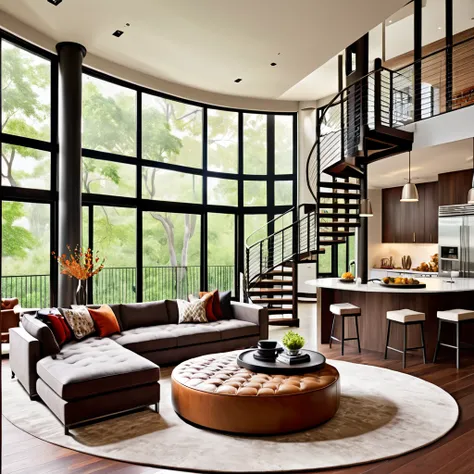 Design a contemporary loft living space that combines comfort and style. The room should feature a warm-toned sectional sofa, a large ottoman, and a soft rug to create a cozy atmosphere. A spiral staircase leads to an upper level, adding a unique architect...