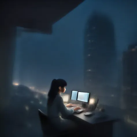 An angle taken from outside the building of a girl working on a computer. A Ghibli style business girl is working in front of a computer. You can see the night view from the office windows on the upper floors of the building. You can see the lights of buil...