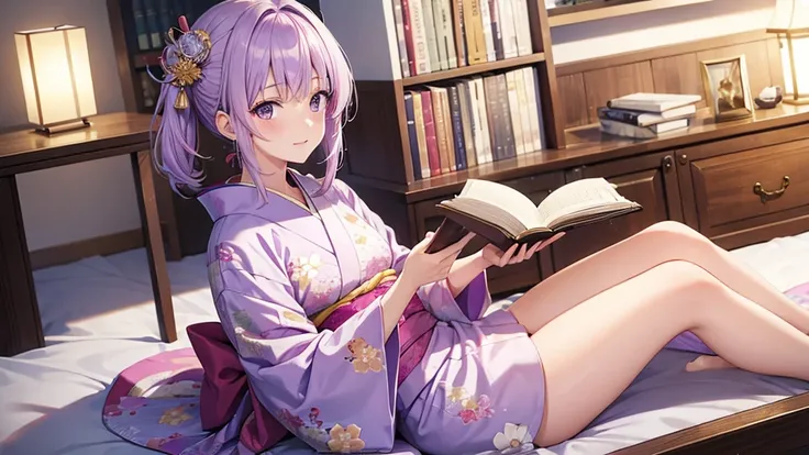 woman　clear　Light purple hair　　kimono　　Anime Style　reading　literature　Study
