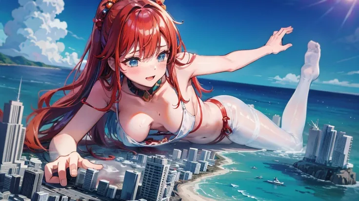 Giantess appears from underwater in front of a giant cruise ship, the cruise ship looks very small in front of her because it is giant, she is naked, she has red hair and white skin, she has small breasts but very sexy legs and her body is very curvy. Godd...