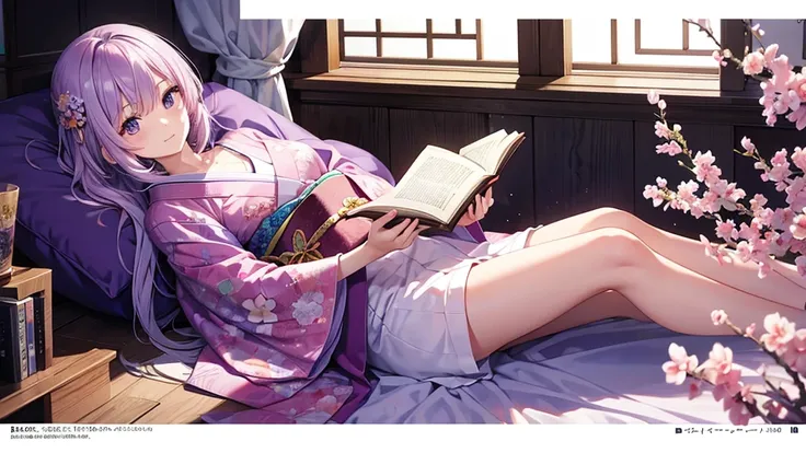 woman　clear　Light purple hair　　kimono　　Anime Style　reading　literature　Study
