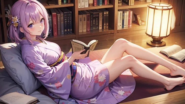 woman　clear　Light purple hair　　kimono　　Anime Style　reading　literature　Study
