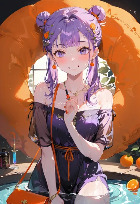 Purple hair girl painting、Glass mandarin orange earrings decorate both ears、Eye color: Ocean pink purple、Space Eyes、Inside the room、(((Giant orange shaped cushion)))Hug、Sit down, long hair、Bun Hair、Cool and complicated, Hand holding sliced orange, A very h...