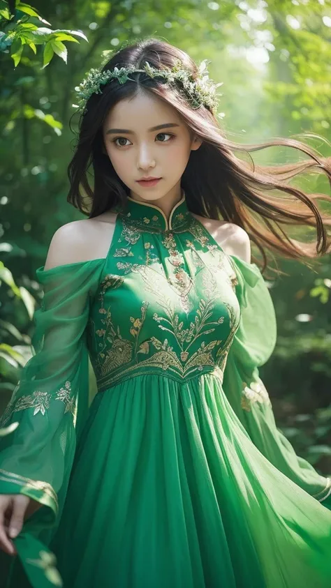 (Masterpiece, Top Quality, Best, Official Art, Beautiful and Aesthetic, Long Exposure: 1.2), Smooth Movement, Charming Patterns, 1 Girl, (Long Dress with Sleeves: 1.3), (((Green Clothes) )), upper body close-up, bare shoulders, Chinese girl, blush, black l...