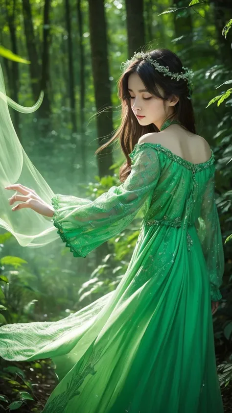 (Masterpiece, Top Quality, Best, Official Art, Beautiful and Aesthetic, Long Exposure: 1.2), Smooth Movement, Charming Patterns, 1 Girl, (Long Dress with Sleeves: 1.3), (((Green Clothes) )), upper body close-up, bare shoulders, Chinese girl, blush, black l...