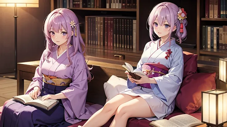 woman　clear　Light purple hair　　kimono　　Anime Style　reading　literature　Study
