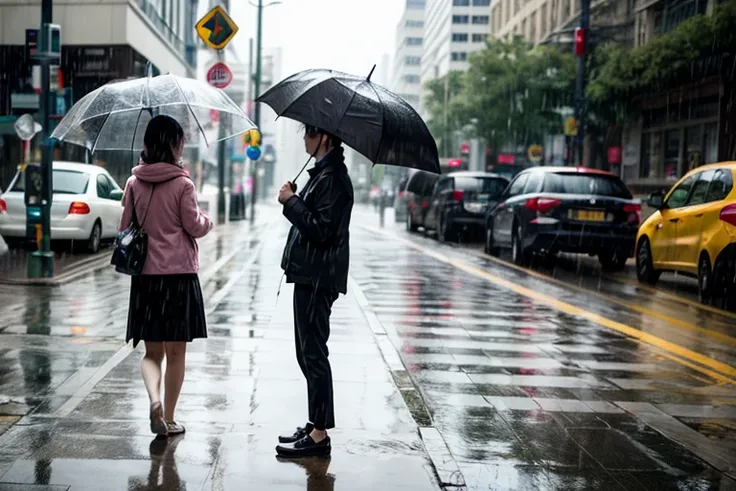 People holding umbrellas while waiting for the bus_The bus arrives_People getting off the bus are holding umbrellas_Bus stop on rainy days、Rain is expressed with a motion blur effect.:1.6、