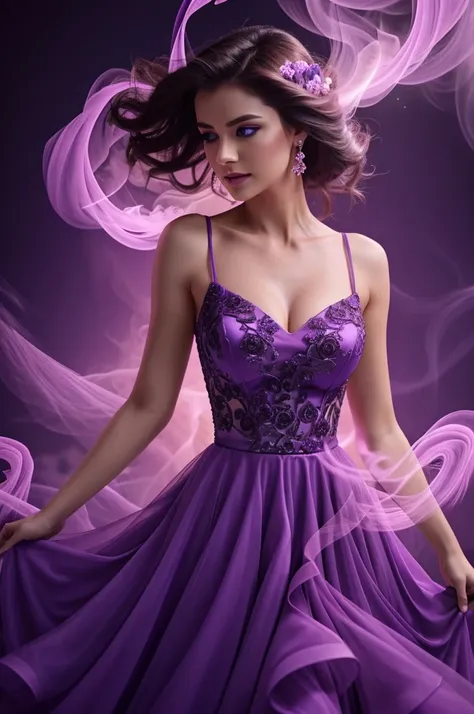  Close-up shot of a beautiful woman with Beautiful eyes in a purple dress dancing gracefully amidst swirling purple smoke effects 3D smoke simulation and pink roses highly detailed professional model studio background vibrant lighting 8K highresolution