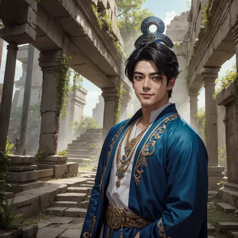 Eunwoo actor and kpop idol more realism in hair and clothing.
Generates a representation of Eunwoo as the god of fertility in the ruins of Teotihuacan, with blooming fields around him and a radiant smile that brings abundance to the land. Create a detailed...