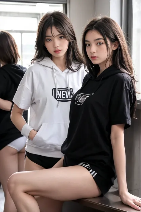 deux femmes ensemble de 18 ans sexy et mince , black short sleeve hoodie , salle de classe, se touche,position sey,sensuel