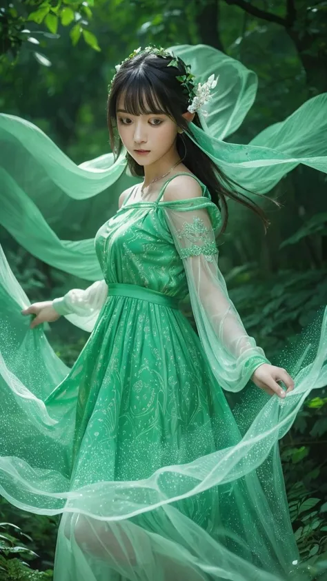 (Masterpiece, Top Quality, Best, Official Art, Beautiful and Aesthetic, Long Exposure: 1.2), Smooth Movement, Charming Patterns, 1 Girl, (Long Dress with Sleeves: 1.3), (((Green Clothes) )), upper body close-up, bare shoulders, Chinese girl, blush, black l...