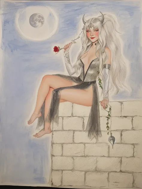 drawing of demon-humanoid sorceress with light red-skinned sitting with her legs crossed on a wall holding a rose whip over the back of her shoulder, with silver hair and horns, with sinister      look in her eyes and smile, wearing a black and silver quip...