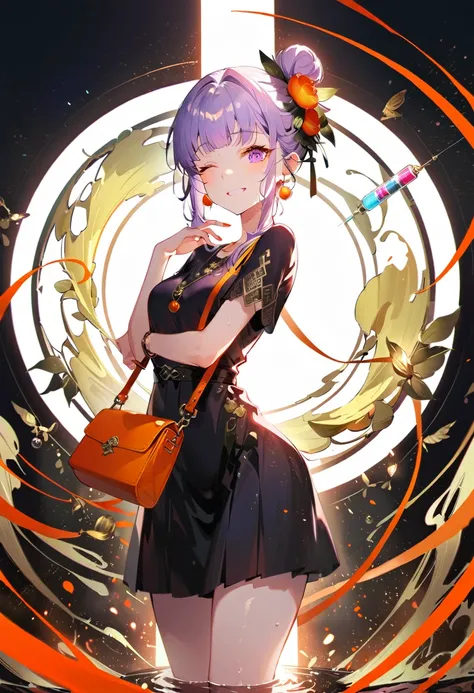 Purple hair girl painting、Glass mandarin orange earrings decorate both ears、Eye color: Ocean pink purple、Space Eyes、Inside the room、(((Giant orange shaped cushion)))Hug、Sit down, long hair、Bun Hair、Cool and complicated, Hand holding sliced orange, A very h...