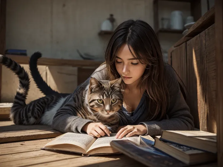 ((realism)), extremely high quality RAW photograph, Detailed background, complicated, messy hair, Beautiful details and textures, Highly detailed, A person sits and reads a book and a cat lies beside him.