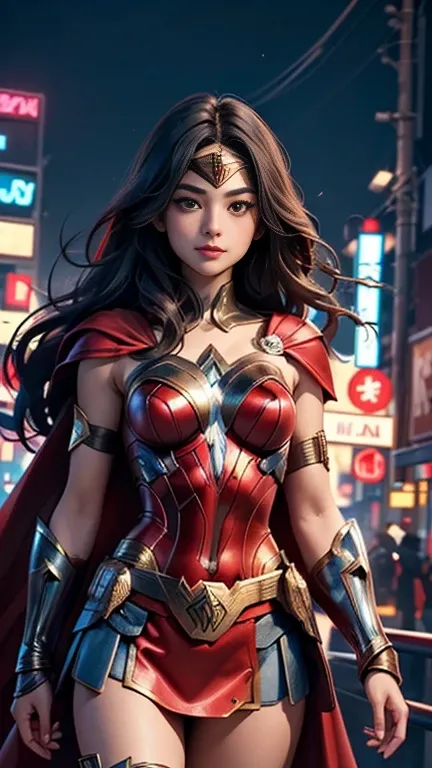 (8k),(masterpiece),(Japanese),(8-year-old girl),((innocent look)),((Beautiful)),From the front and above,smile,cute,Innocent,Kind eyes,flat chest, Slender,Hairless vagina,red cape,Wonder Woman costume,semi-long,Hair blowing in the wind,Black Hair,strong wi...