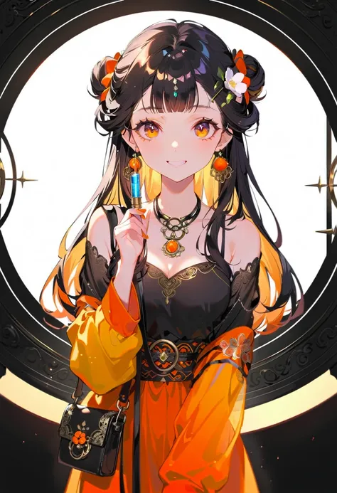 Purple hair girl painting、Glass mandarin orange earrings decorate both ears、Eye color: Ocean pink purple、Space Eyes、Inside the room、(((Giant orange shaped cushion)))Hug、Sit down, long hair、Bun Hair、Cool and complicated, Hand holding sliced orange, A very h...