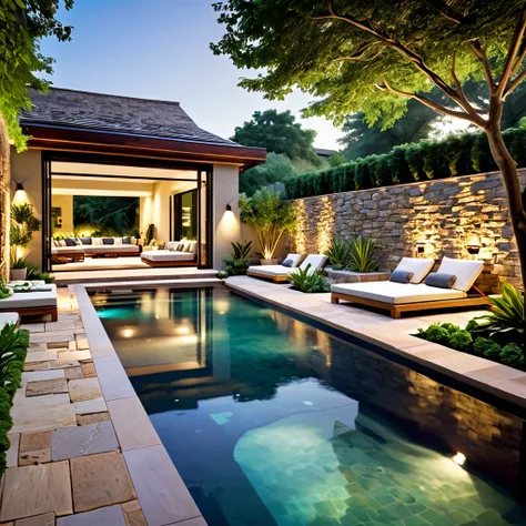 Create a luxurious and modern courtyard scene with a natural pool. The setting should feature a combination of rustic stone walls and contemporary furniture. Include lush greenery, wooden sun loungers with soft cushions, and a comfortable seating area with...