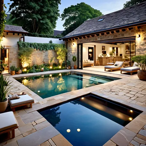 Design a cozy and rustic courtyard with a natural pool. The space should have stone walls that give a charming, aged appearance. Include wooden sun loungers with comfortable cushions, a small dining table with chairs, and various potted plants. The lightin...