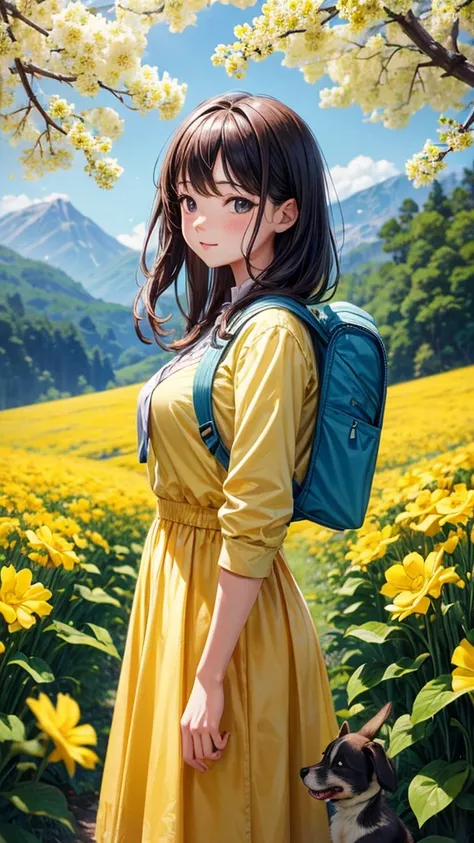 Tip: A very charming  with a backpack and her cute puppy enjoying a lovely spring outing surrounded by beautiful yellow flowers and nature. The illustration is a high-definition illustration in 4k resolution, featuring highly detailed facial features and c...