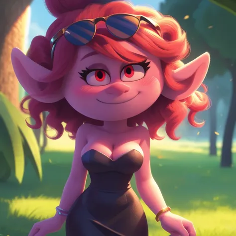  Queen poppy, Trolls, strapless tight dress, cleavage, curly hair, halo, sunglasses, jewelry, red eyes, longeyelashes, red eyes, smile, shy, blush, high detail, masterpiece, UHD, anatomically correct, super detail, highres, 4K