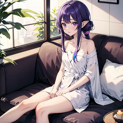 anime girl long purple hair Wrapped in a bath towel. she has pointy ears. Manga kawaii. iridescent ,An illustration, 0ne person, Sitting in a sofa