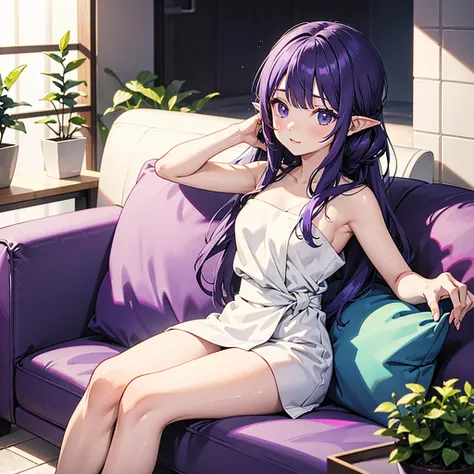 anime girl long purple hair Wrapped in a bath towel. she has pointy ears. Manga kawaii. iridescent ,An illustration, 0ne person, Sitting in a sofa