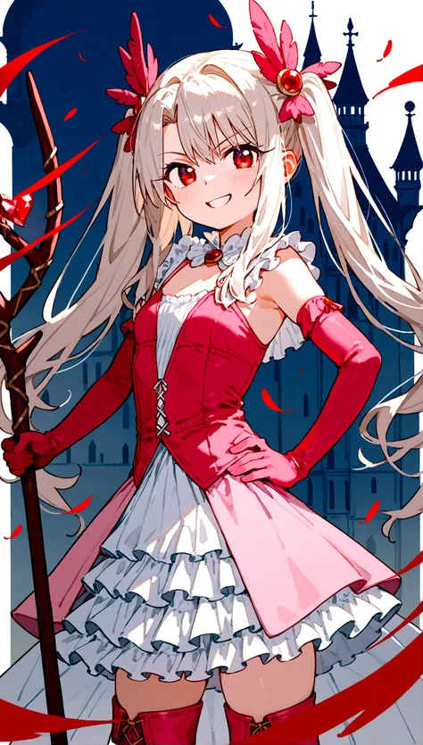 (score_9,score_8_up,score_7_up),(cowboy shot),looking at viewer,1girl,loli,illyasviel von einzbern,fate (series),white hair,red eyes,long hair,twin tails,hair ornament,feathers,pink dress,elbow gloves,magic girl,pink thigh Boots,standing,simple background,...