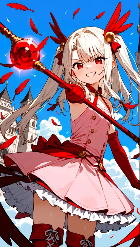 (score_9,score_8_up,score_7_up),(cowboy shot),looking at viewer,1girl,loli,illyasviel von einzbern,fate (series),white hair,red eyes,long hair,twin tails,hair ornament,feathers,pink dress,elbow gloves,magic girl,pink thigh Boots,standing,simple background,...